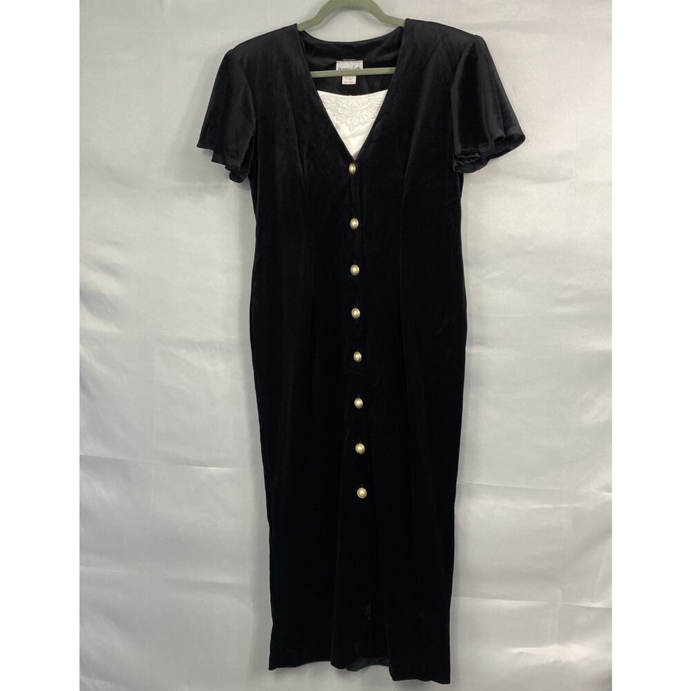 Vtg 90s Maxi Dress 9 10 L Black Velour Goth Whimsy Grunge Old Money Secretary